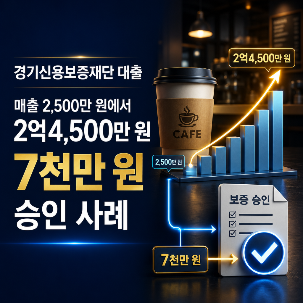 확정 매출 2,500만 원과 최근 매출 2억4,500만 원을 비교해 경기신용보증재단 대출 7천만 원이 실행된 사례 이미지