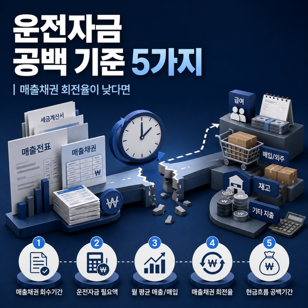 매출채권 회수 지연으로 발생하는 중소기업의 운전자금 공백과 계산 기준 5가지를 표현한 기업 재무 인포그래픽