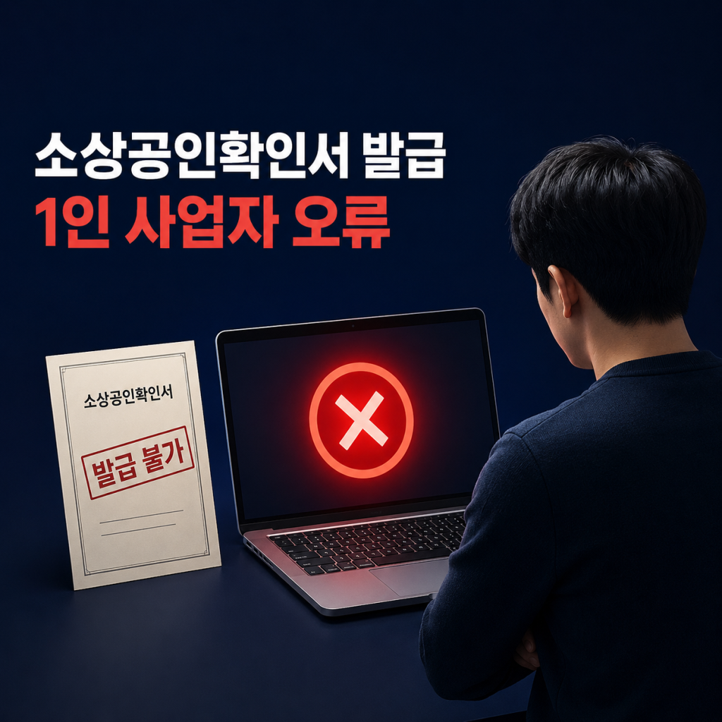 1인 개인사업자가 소상공인확인서 발급 중 자료제출 오류를 확인하는 표지형 이미지