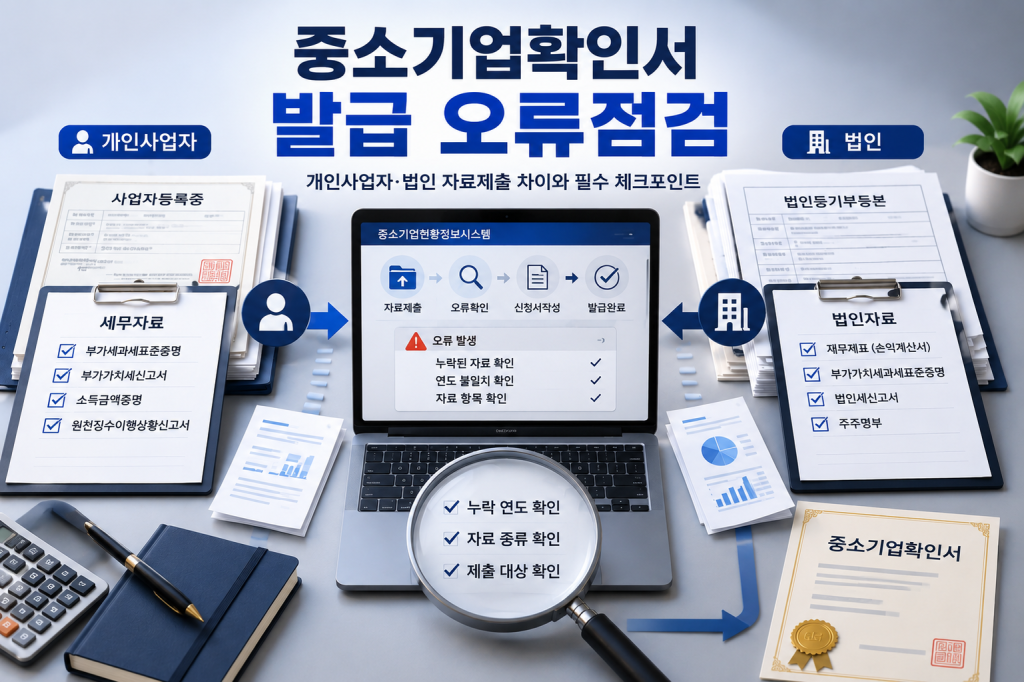 개인사업자와 법인의 중소기업확인서 발급 자료제출 차이와 오류 점검 항목을 보여주는 이미지