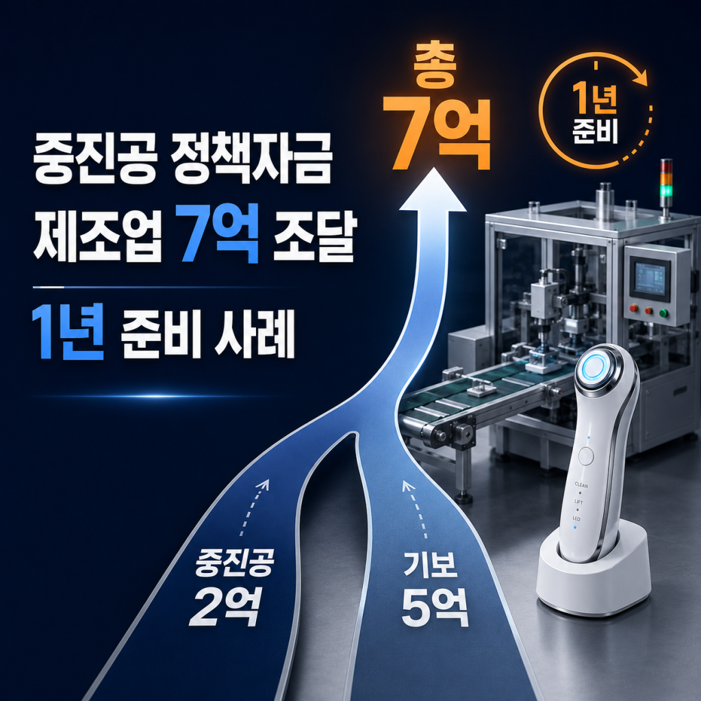 매출이 급성장한 제조기업이 1년간 준비해 중진공 2억 원과 기술보증기금 대출 5억 원을 조달한 사례 이미지