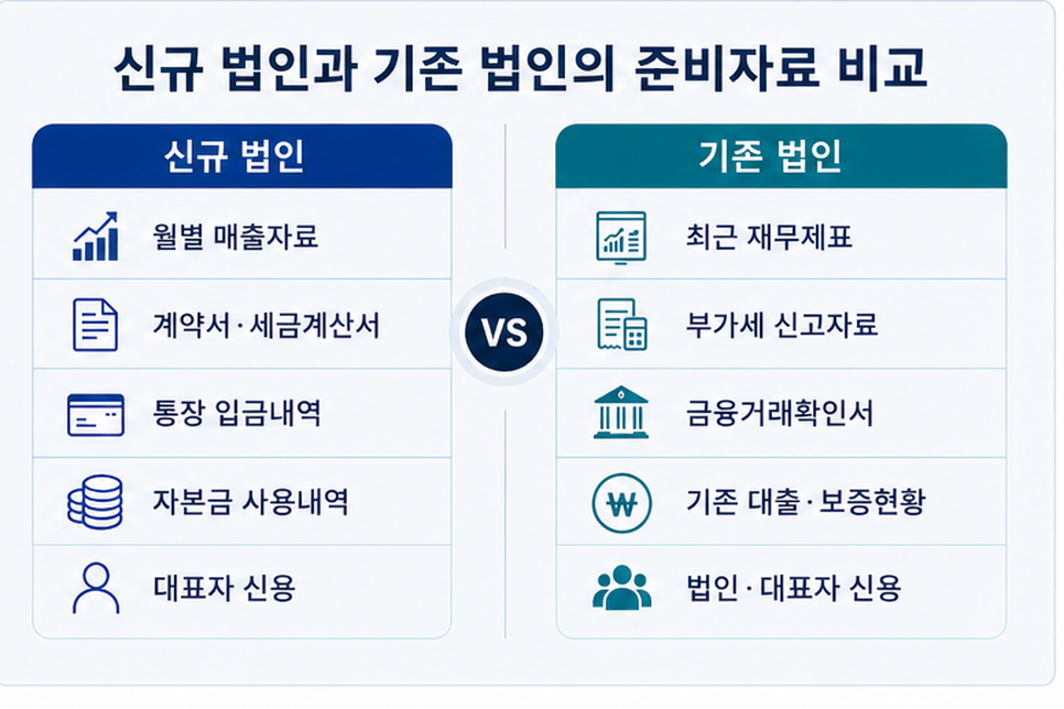 신규 법인 대출에 필요한 월별 매출자료 계약서 통장 입금내역과 기존 법인 준비서류 비교
