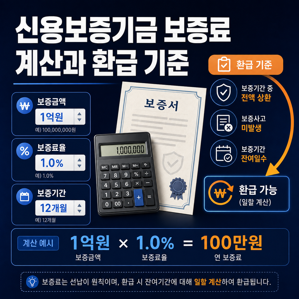 신용보증기금 보증료율을 보증금액과 보증기간에 따라 계산하고 환급 기준을 확인하는 이미지