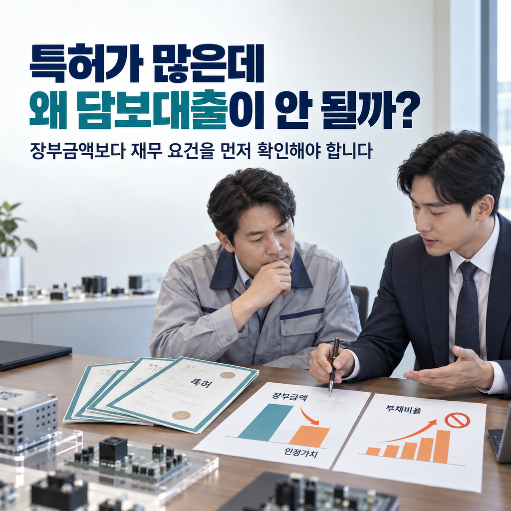 지식재산 담보대출을 위해 특허권 장부금액과 부채비율을 검토하는 기업 상담
